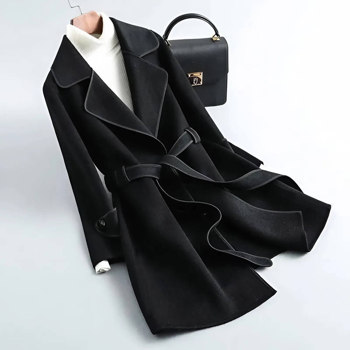 Midnight black wool coat with black-trim lapels, belt tie, and buttoned cuffs