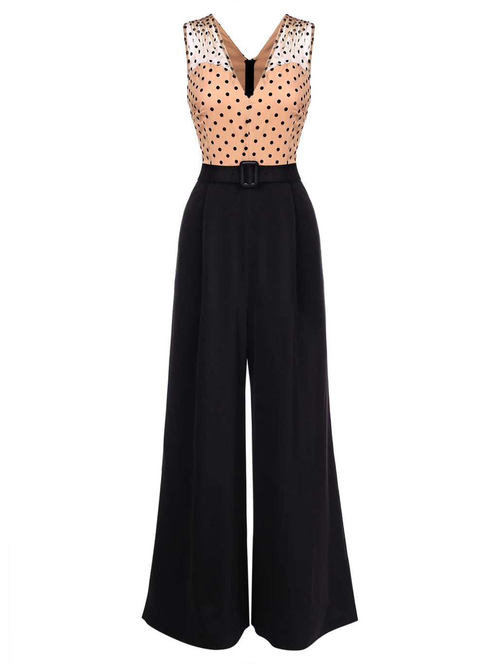 Black wide-leg jumpsuit with polka-dot V yoke and waist belt