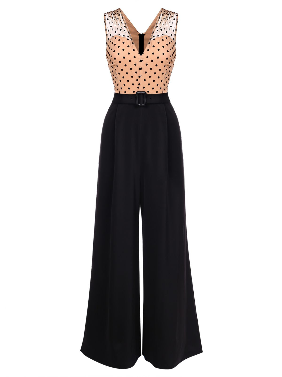 Black wide-leg jumpsuit with polka-dot V yoke and waist belt