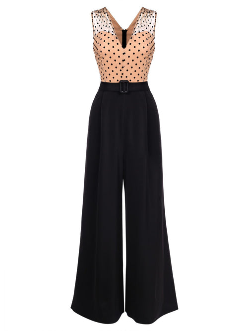 Black wide-leg jumpsuit with polka-dot V yoke and waist belt