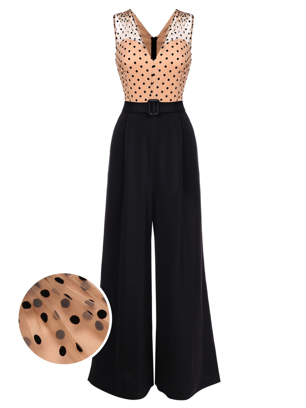 Black wide-leg jumpsuit with polka-dot upper panel and waist belt