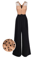 Black wide-leg jumpsuit with polka-dot upper panel and waist belt