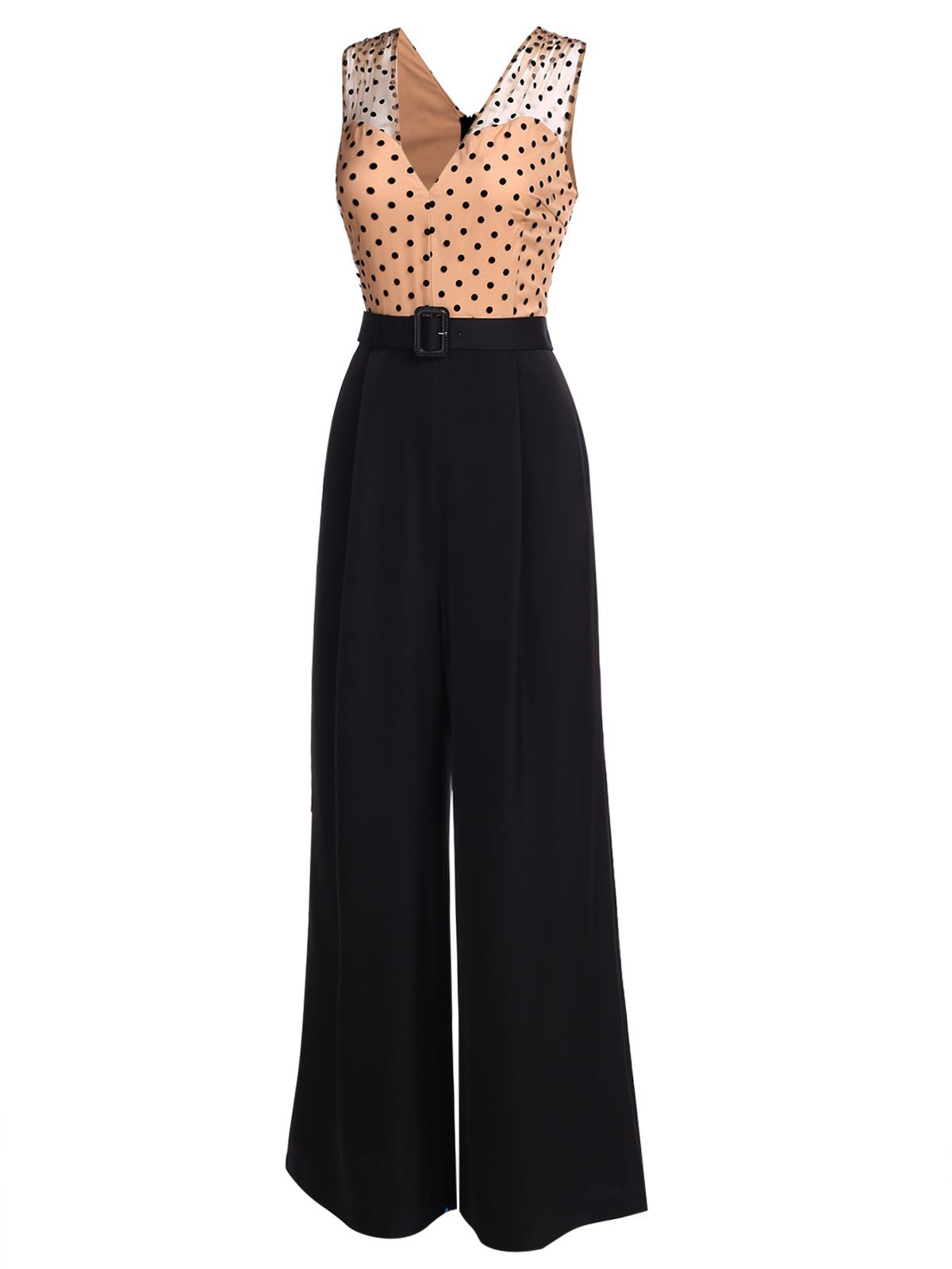 Black wide-leg jumpsuit with sleeveless V neckline and polka-dot yoke