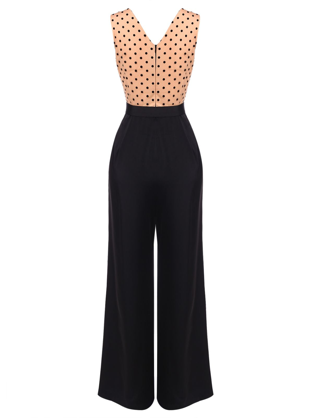 Black wide-leg jumpsuit with sleeveless polka-dot bodice and waist belt