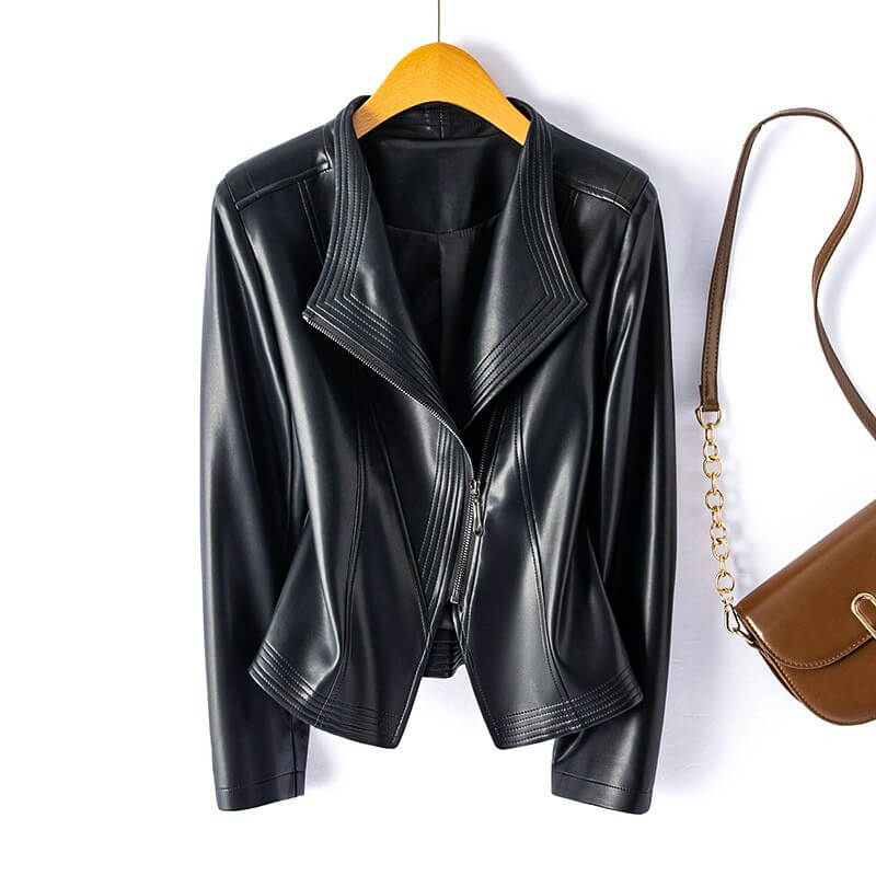 Jet black leather moto jacket with stand collar and zip-front, front view on hanger