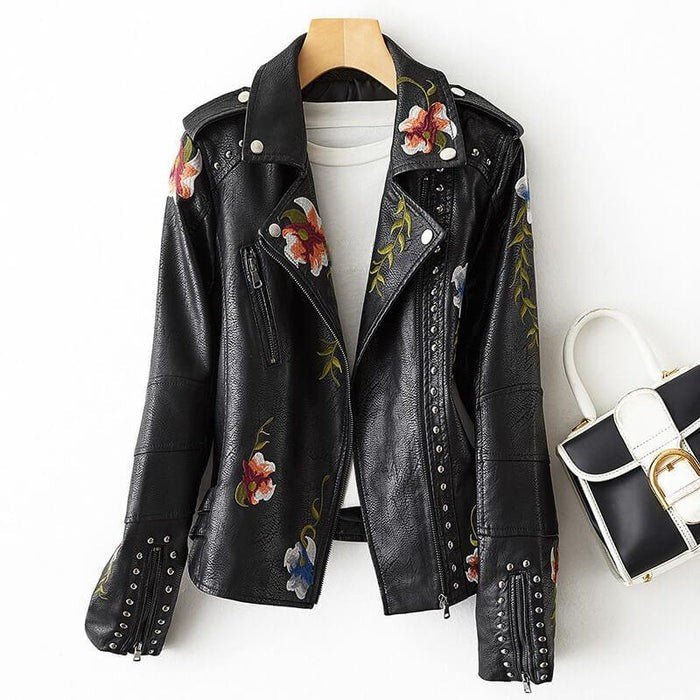 Black leather retro floral jacket with embroidered flowers, studded edges, zip front