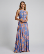 Blue sleeveless floral maxi dress with smocked waist and gathered skirt