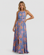 Blue sleeveless floral maxi dress with front slit and tiered hem