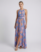 Blue sleeveless floral maxi dress with front slit and sleeveless high neck