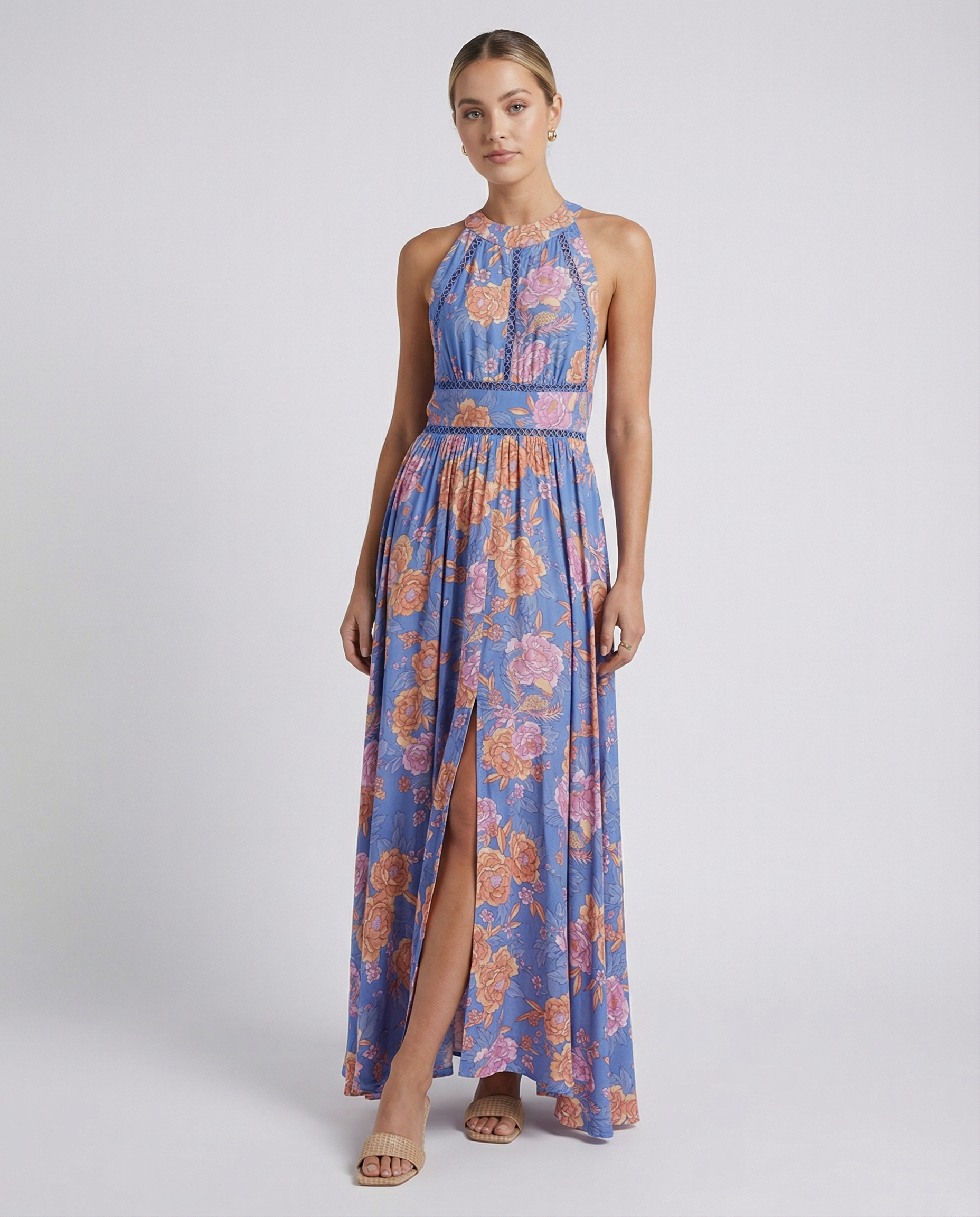 Blue sleeveless floral maxi dress with front slit and sleeveless high neck