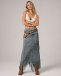 Gray maxi skirt with elastic waist and turquoise-bead belt, diagonal fringe trim