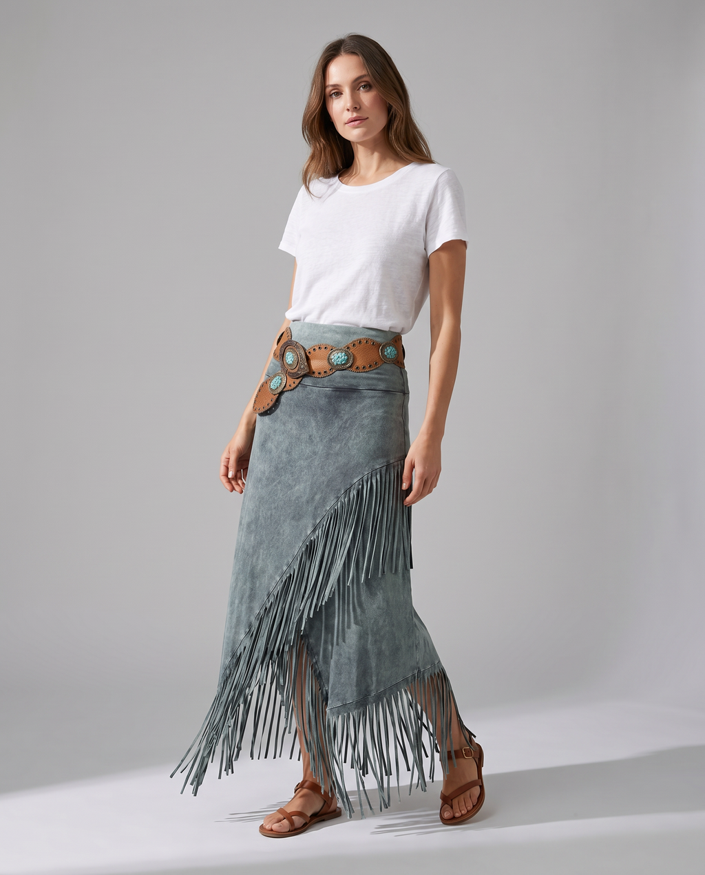 Gray maxi skirt with elastic waist, diagonal front panel and long fringe hem