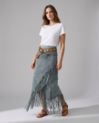 Gray maxi skirt with elastic waist, diagonal front panel and long fringe hem