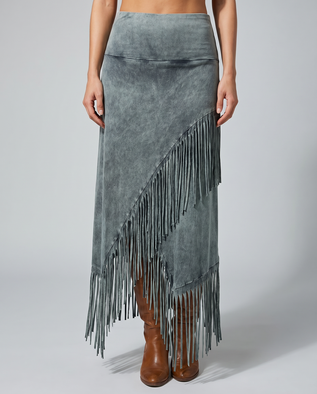 Gray maxi skirt with elastic waist and long straight fringe hem, diagonal front