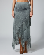 Gray maxi skirt with elastic waist and long straight fringe hem, diagonal front