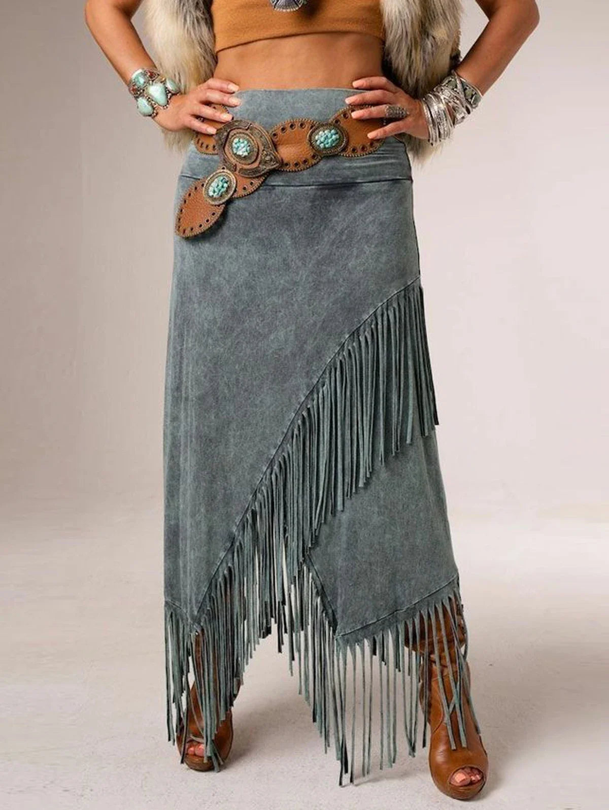 Gray maxi skirt with elastic waist, turquoise and brown beaded belt, fringe hem