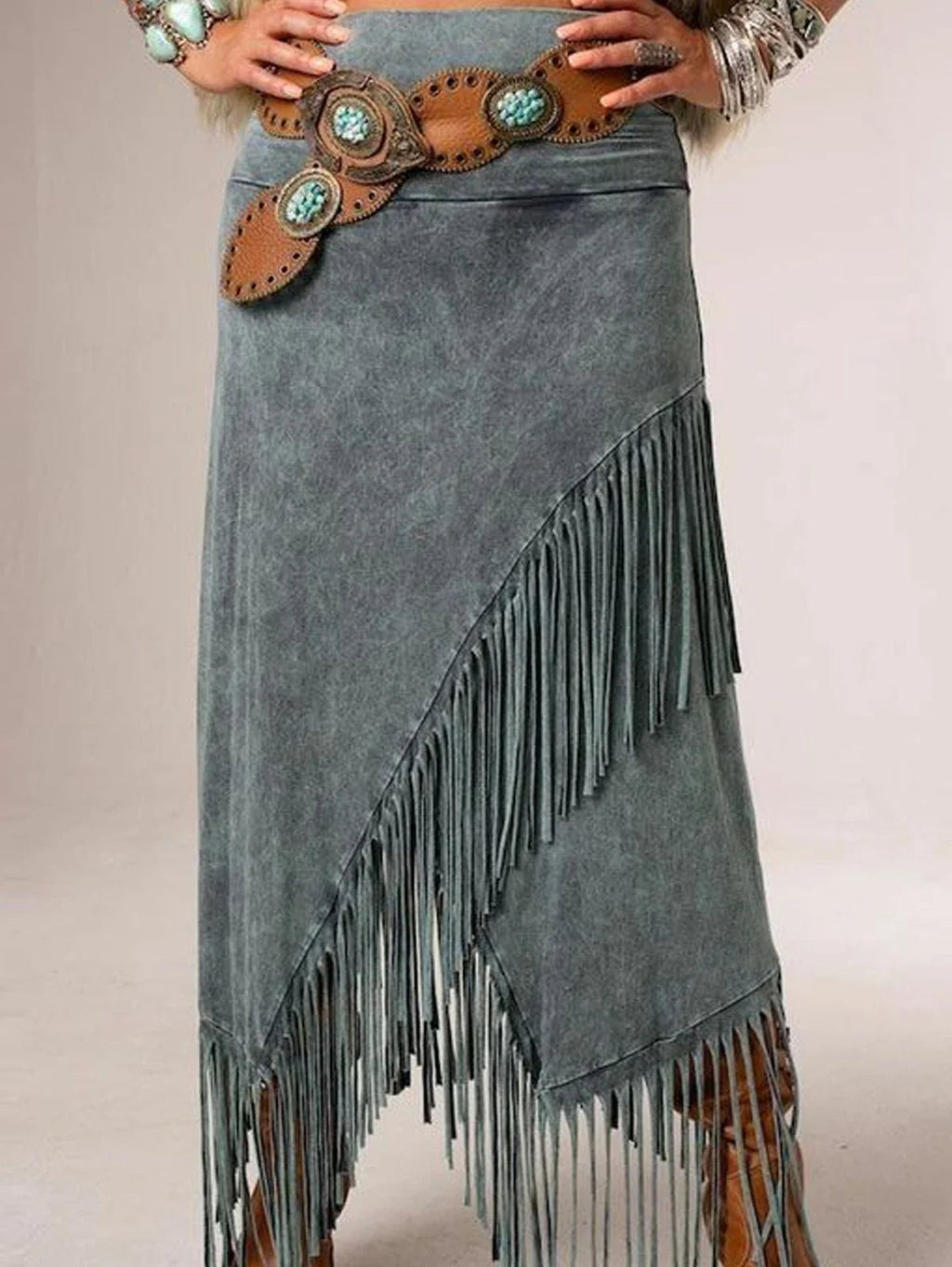 Gray maxi skirt with elastic waist, diagonal seam and long fringe hem detail