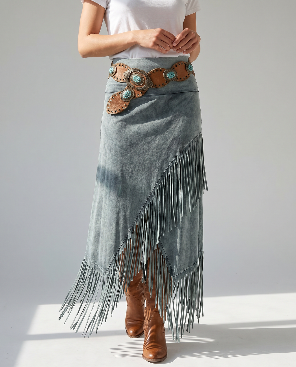 Gray maxi skirt with elastic waist and long fringe trim, beaded belt at waistband