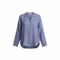 Light blue boho long-sleeve shirt with V-neck button placket and embroidered trim