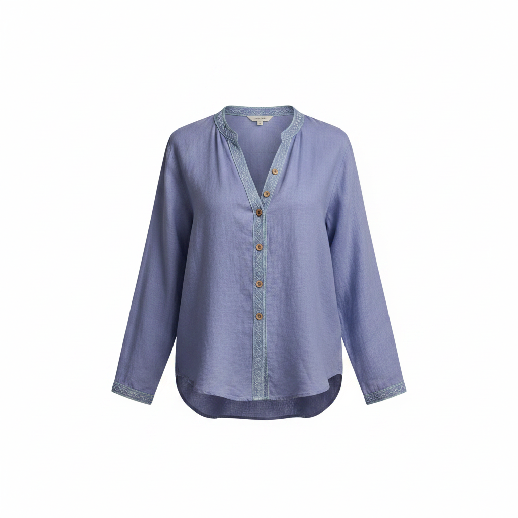 Light blue boho long-sleeve shirt with V-neck button placket and embroidered trim