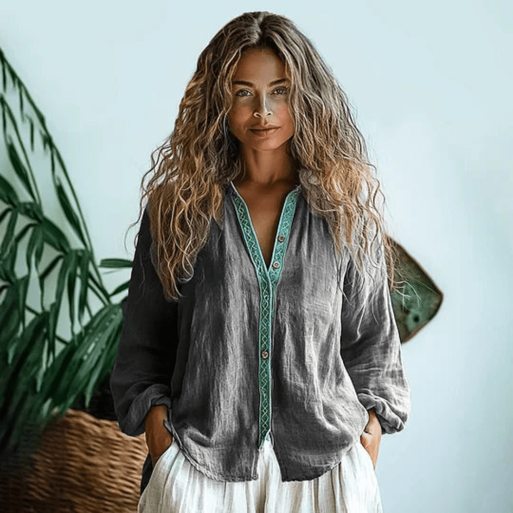 Gray boho long-sleeve shirt with V-neck button placket and embroidered trim
