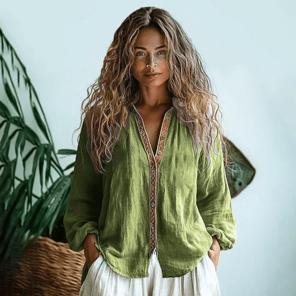 Olive green boho long-sleeve shirt with V-neck button placket and embroidered trim