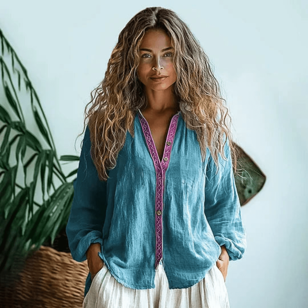 Lake blue boho long-sleeve shirt with V-neck button placket and embroidered trim