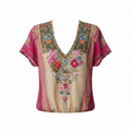 Boho V-neck casual tee with floral embroidery and paisley trim