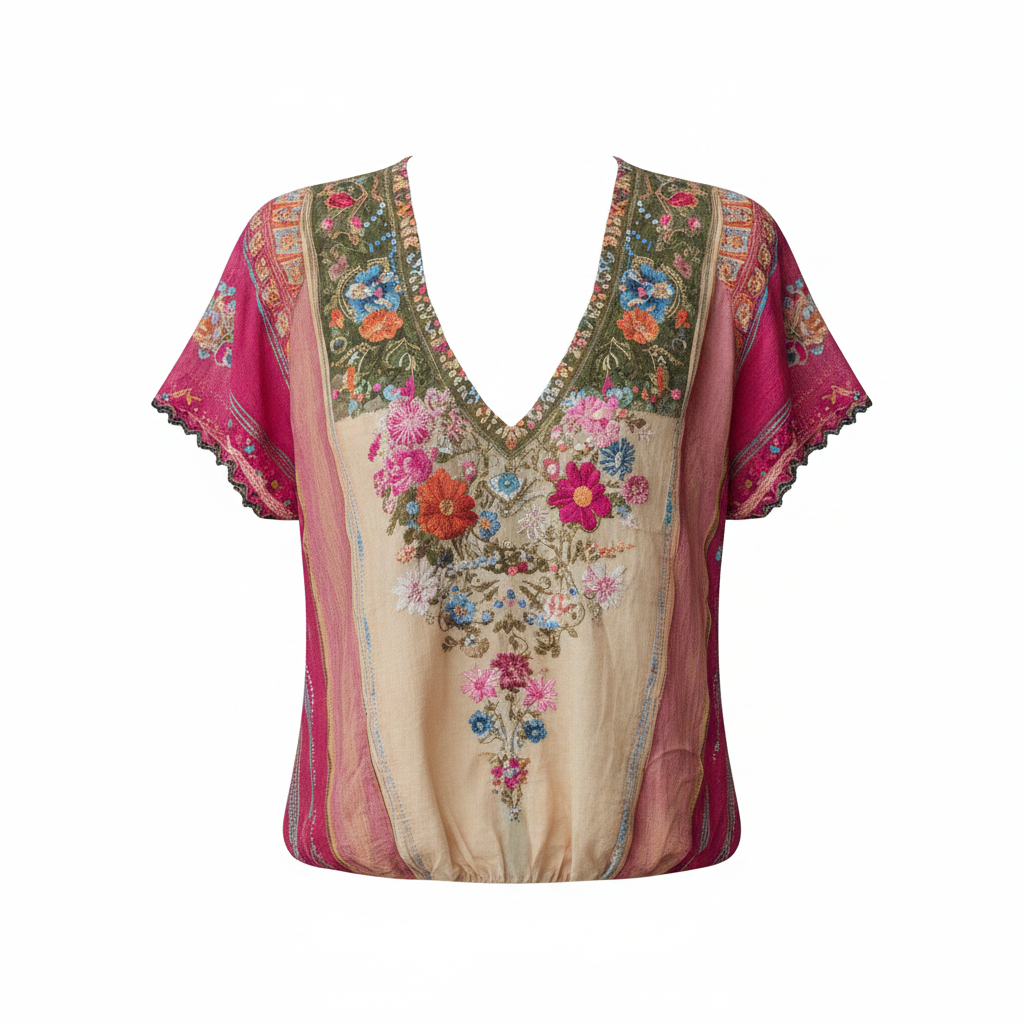 Boho V-neck casual tee with floral embroidery and paisley trim