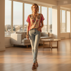 Boho V-neck casual tee with patchwork floral front and short sleeves