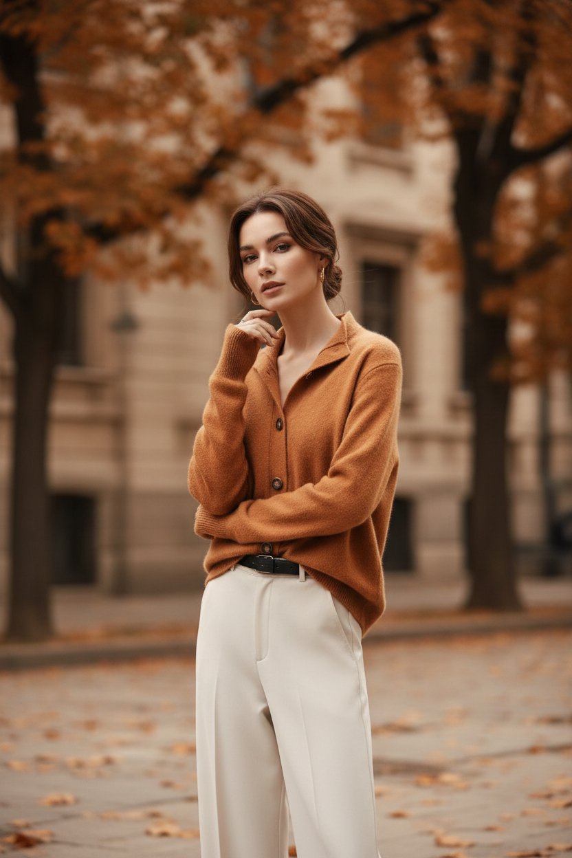 Caramel knit button-front cardigan with pointed collar and ribbed cuffs, relaxed fit