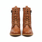 Brown leather lace-up boots with side buckled strap and low block heel