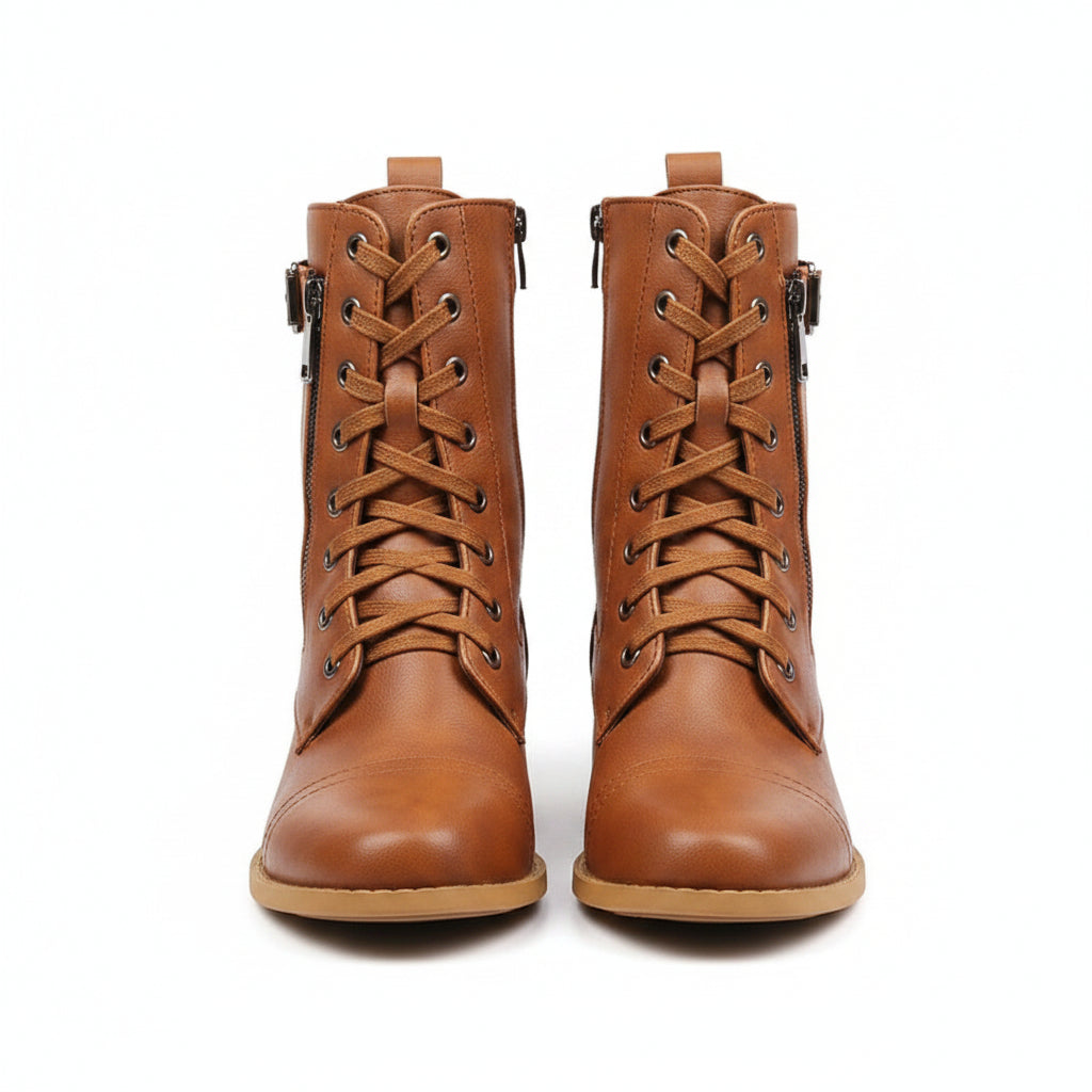 Brown leather lace-up boots with side buckled strap and low block heel