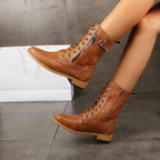 Brown leather lace-up ankle boots with side buckle strap and square-toe