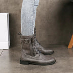 Grey leather lace-up tall boots with side buckle strap and low block heel