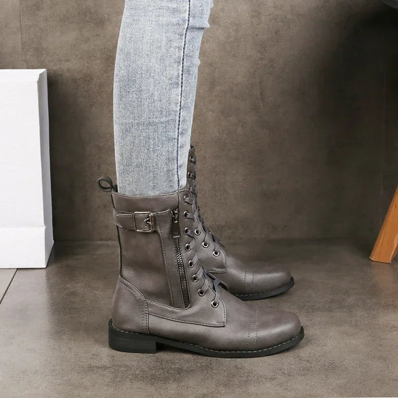 Grey leather lace-up tall boots with side buckle strap and low block heel