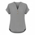 Breathable linen V-neck top in gray with short sleeves and button-front placket