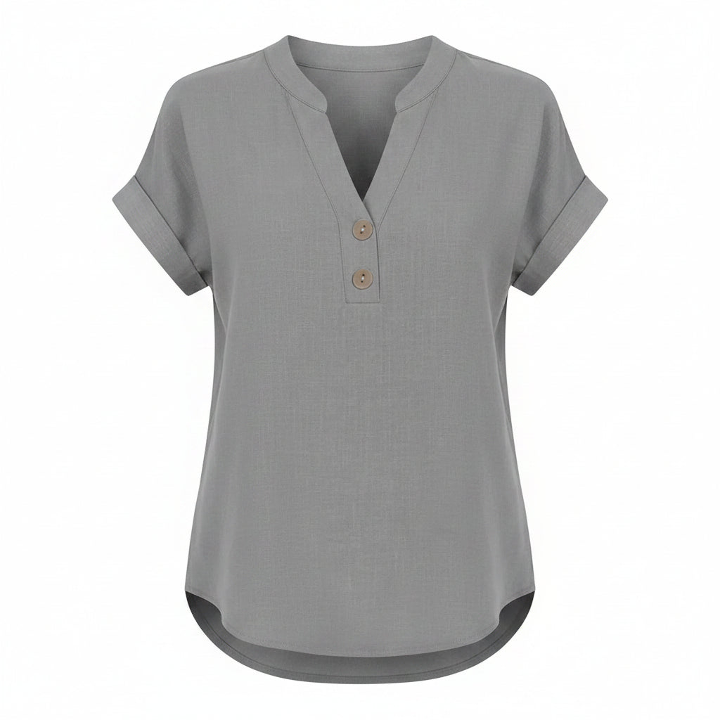 Breathable linen V-neck top in gray with short sleeves and button-front placket