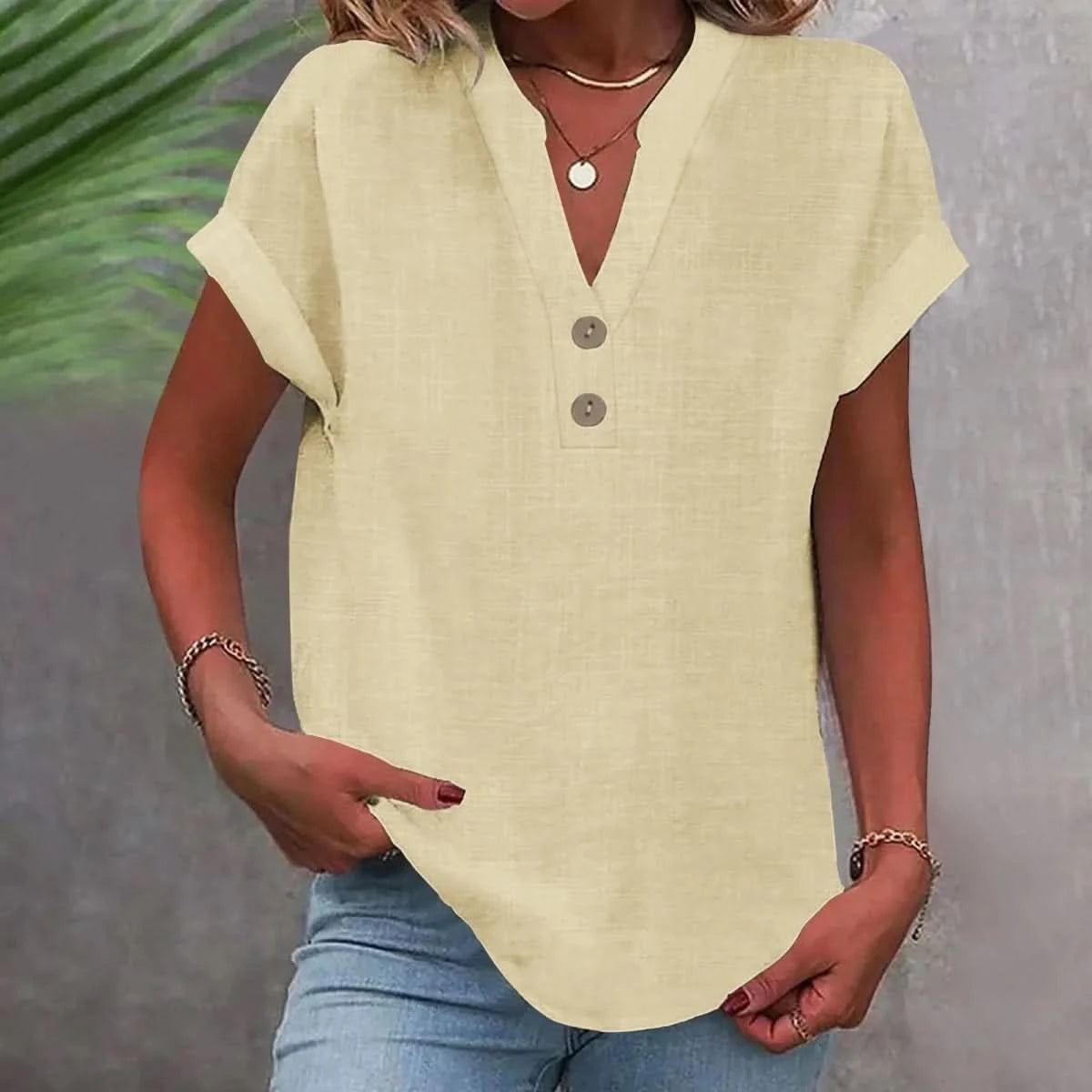 Breathable linen V-neck top in beige with short sleeves and button-front placket
