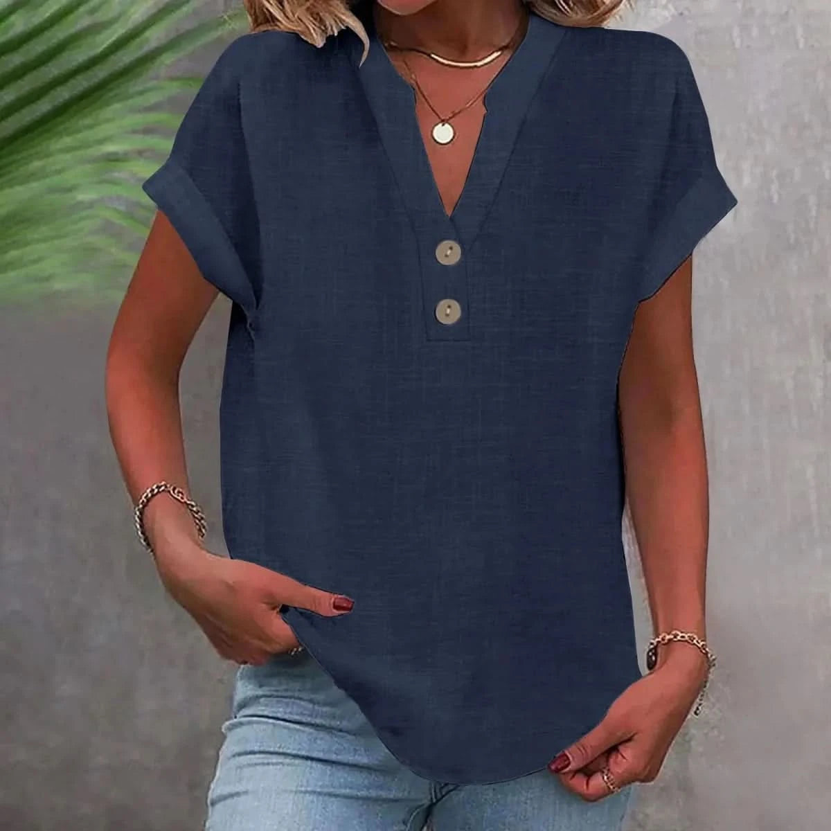 Breathable linen V-neck top in navy with short sleeves and button-front placket