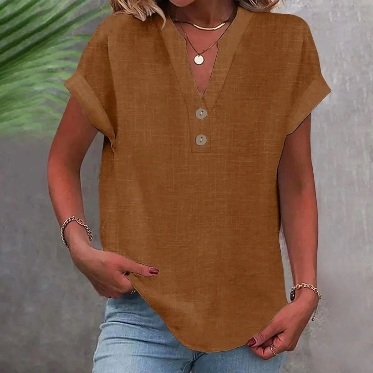 Breathable linen V-neck top in khaki with short sleeves and button-front placket
