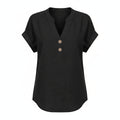 Black linen V-neck top with short sleeves and button-front placket