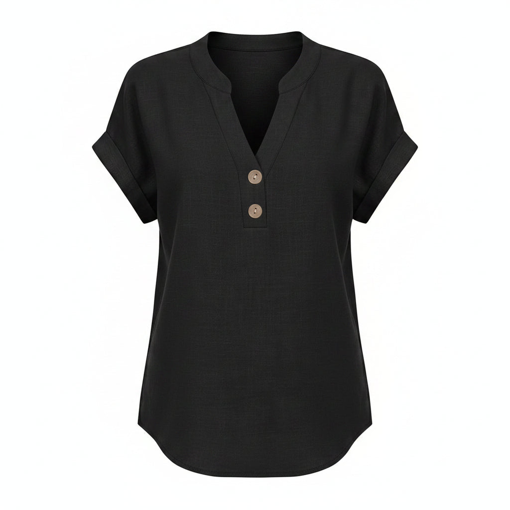 Black linen V-neck top with short sleeves and button-front placket