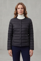 Lightweight quilted puffer jacket in dark black, button-front, stand collar