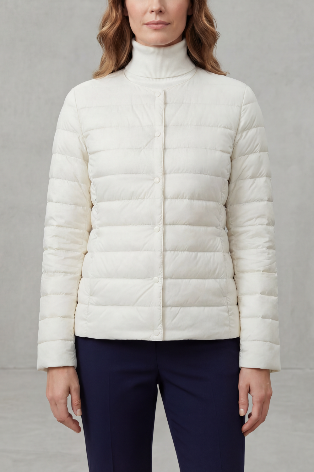 Women’s lightweight quilted puffer jacket, white, full-zip front with button placket