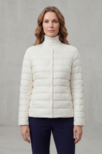 Lightweight quilted puffer jacket in white, button-front, stand collar
