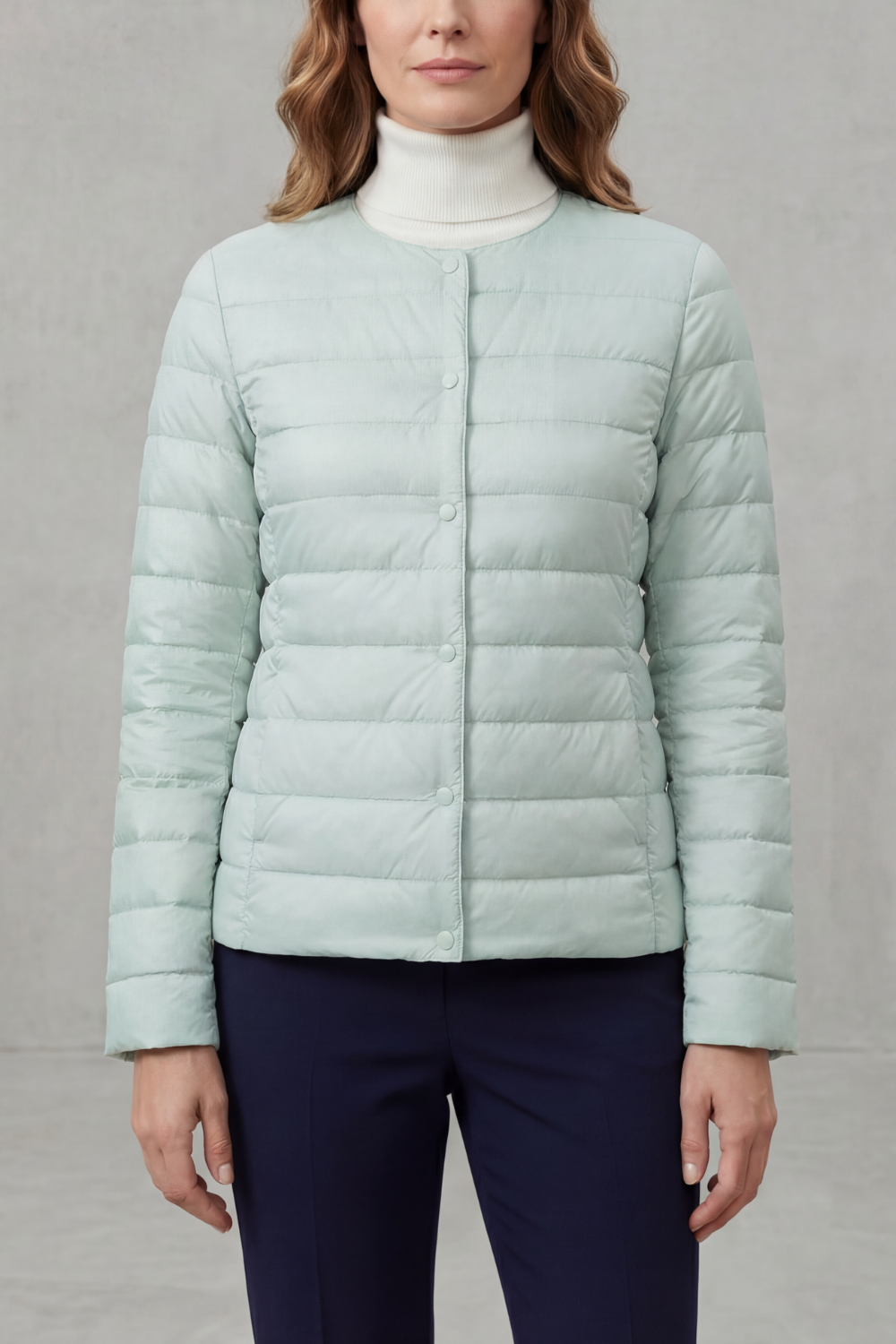 Women’s lightweight quilted puffer jacket, light teal, full-zip front with button placket