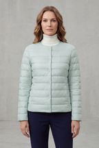 Lightweight quilted puffer jacket in light mint, button-front, stand collar