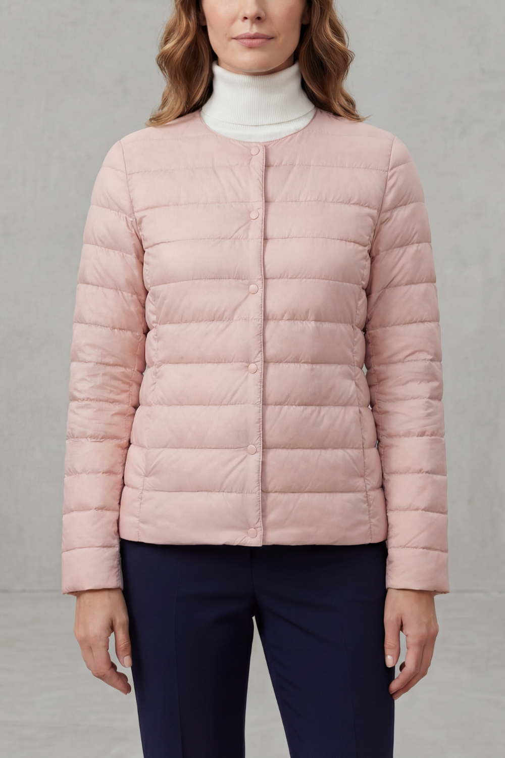 Women’s lightweight quilted puffer jacket, blush pink, full-zip front with button placket