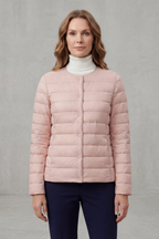 Lightweight quilted puffer jacket in blush pink, button-front, stand collar